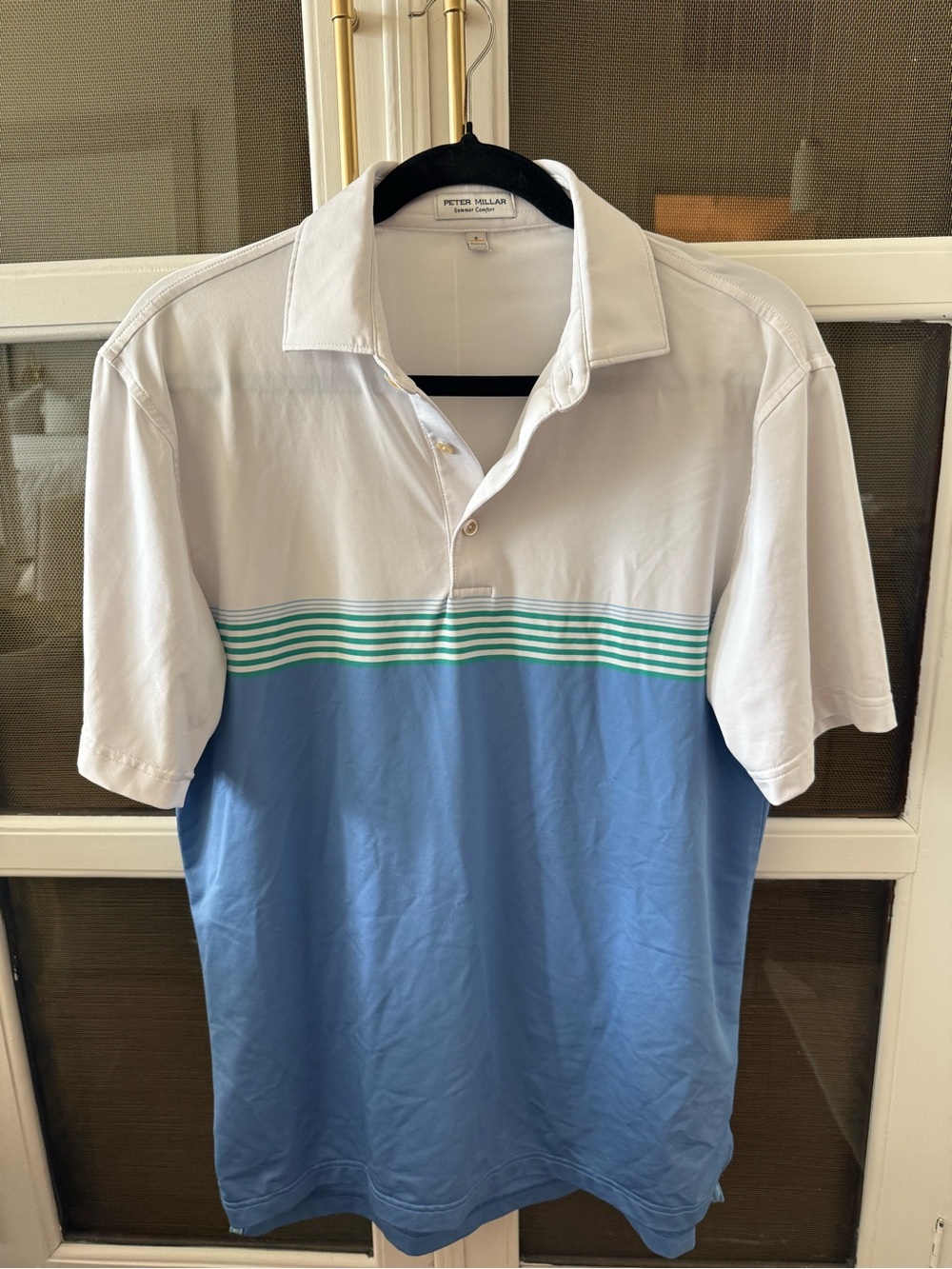 Peter Millar White and Light Blue Polo with Mint Stripe Accents